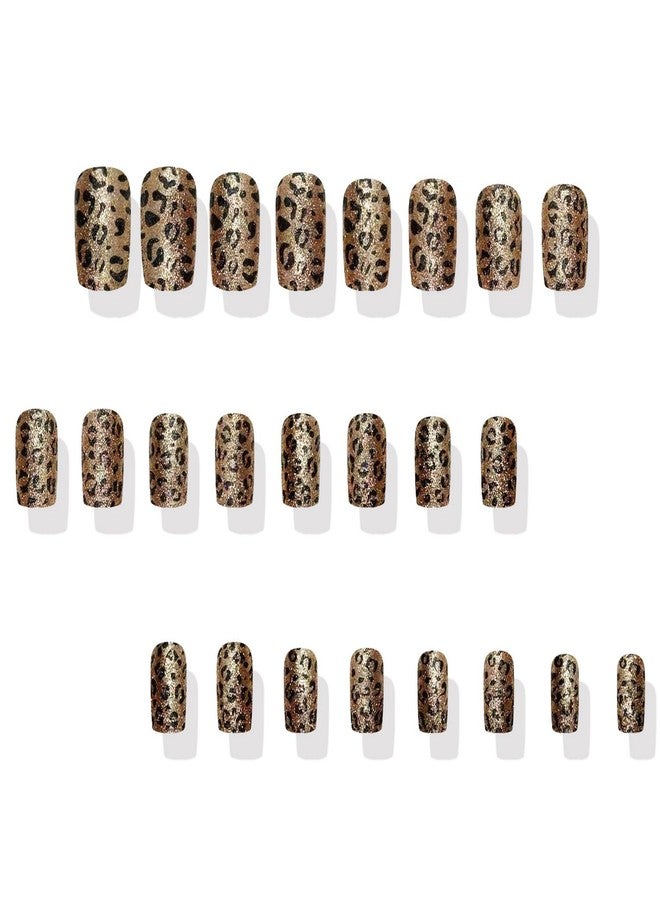 OCOUYVD 24 Pcs Leopard Print Press on Nails Short Square Shaped Fake Nails Golden Glitter Designs Full Cover False Nail Glossy Acrylic Nail Stick on Nails for Women Girls DIY Manicure Decoration - Image 3